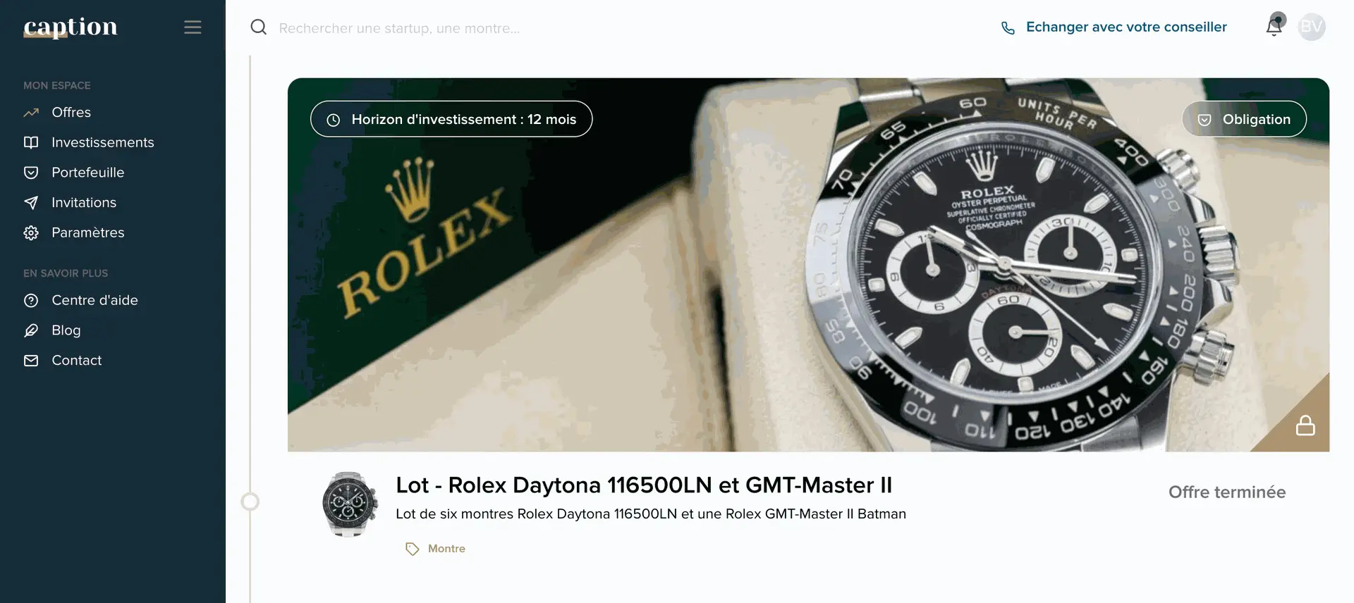 Offre d'investissement en montres sur Caption Offre d'investissement en montres sur Caption